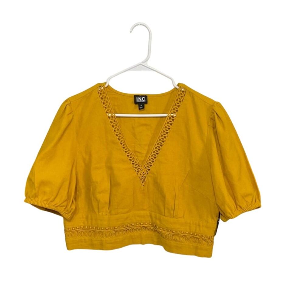 NWT I.N.C. Linen Blend Crochet-Trim Cropped Blouse Top V-Neck Womens Sz X-Large